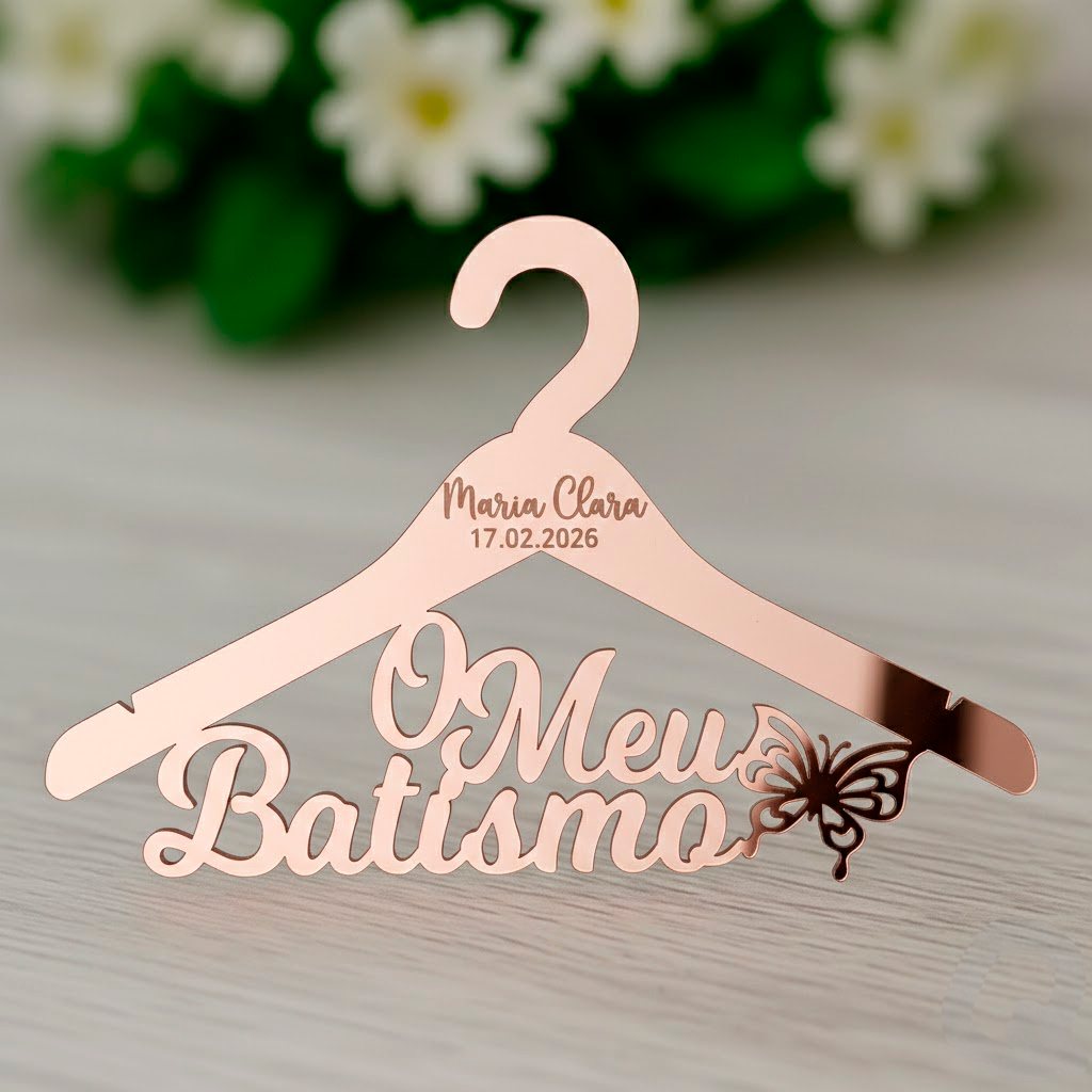 Perchas de Bautismo / Primera Comunión / Profesión de Fe / Percha Mariposa con grabado en acrílico oro rosa espejado