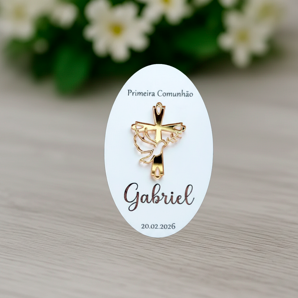 Baptism / First Communion / Profession of Faith / Confirmation Keepsake - Oval with Acrylic Cross/Dove Detail