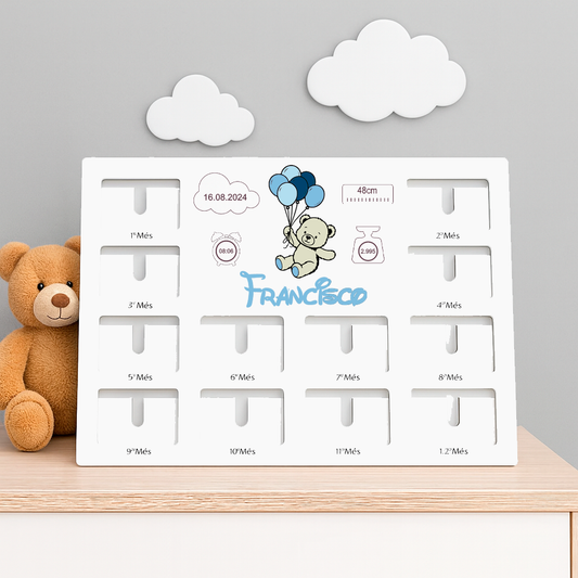 Moldura progressiva (O meu primeiro ano) com dados de nascimento e urso modelo3