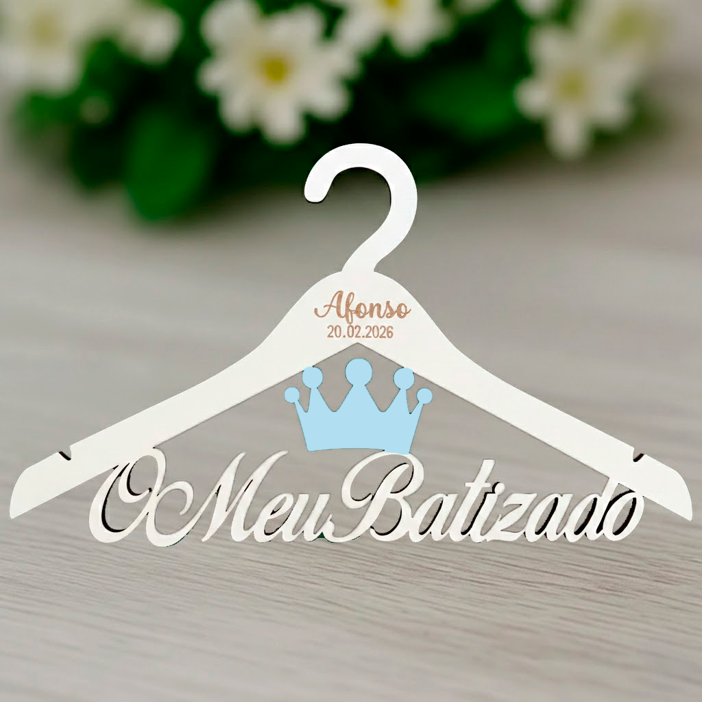 Cabides de Batismo / Primeira Comunhão / Profissão de Fé / Cabide Coroa com gravação