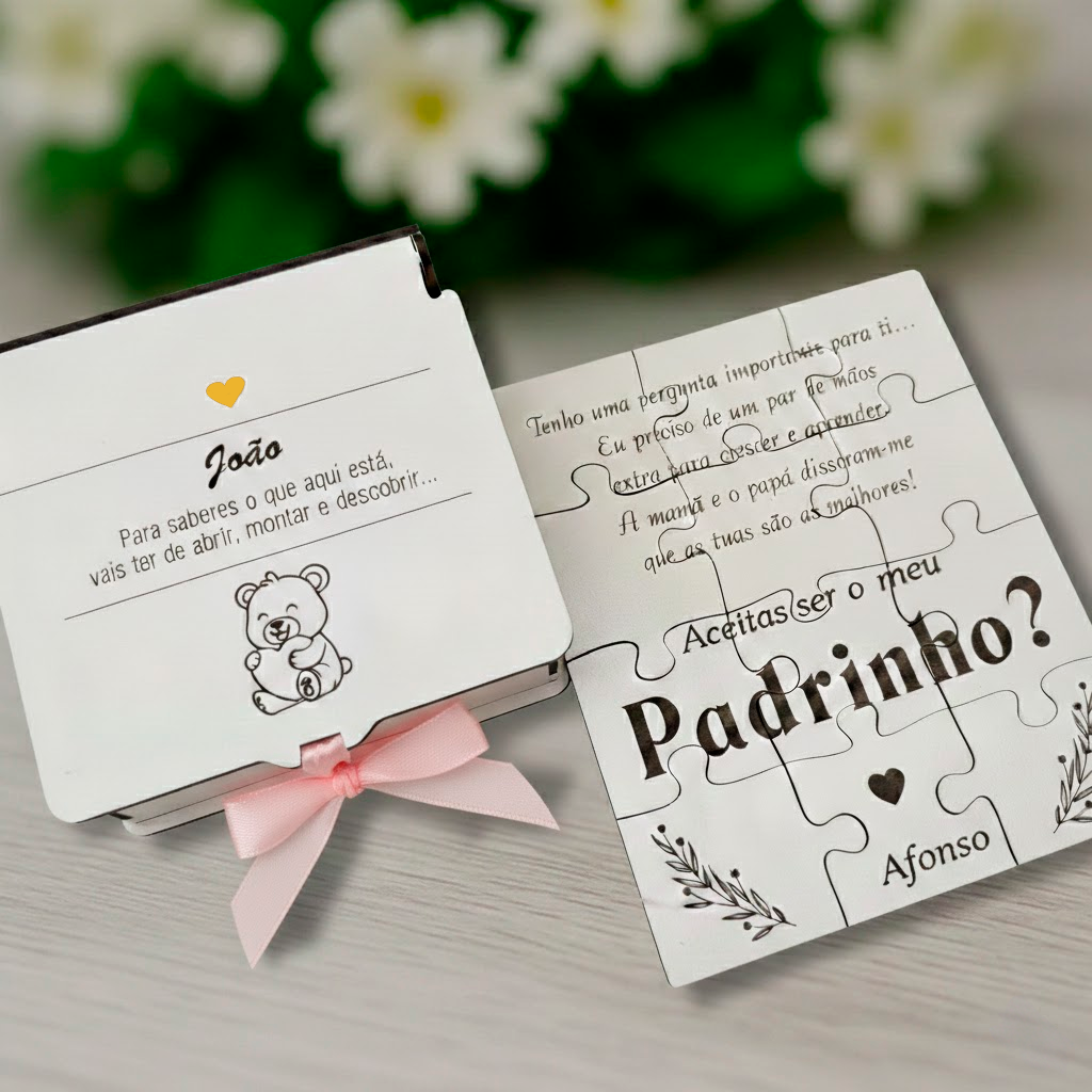 Convite Padrinhos Batismo Urso puzzle com caixa