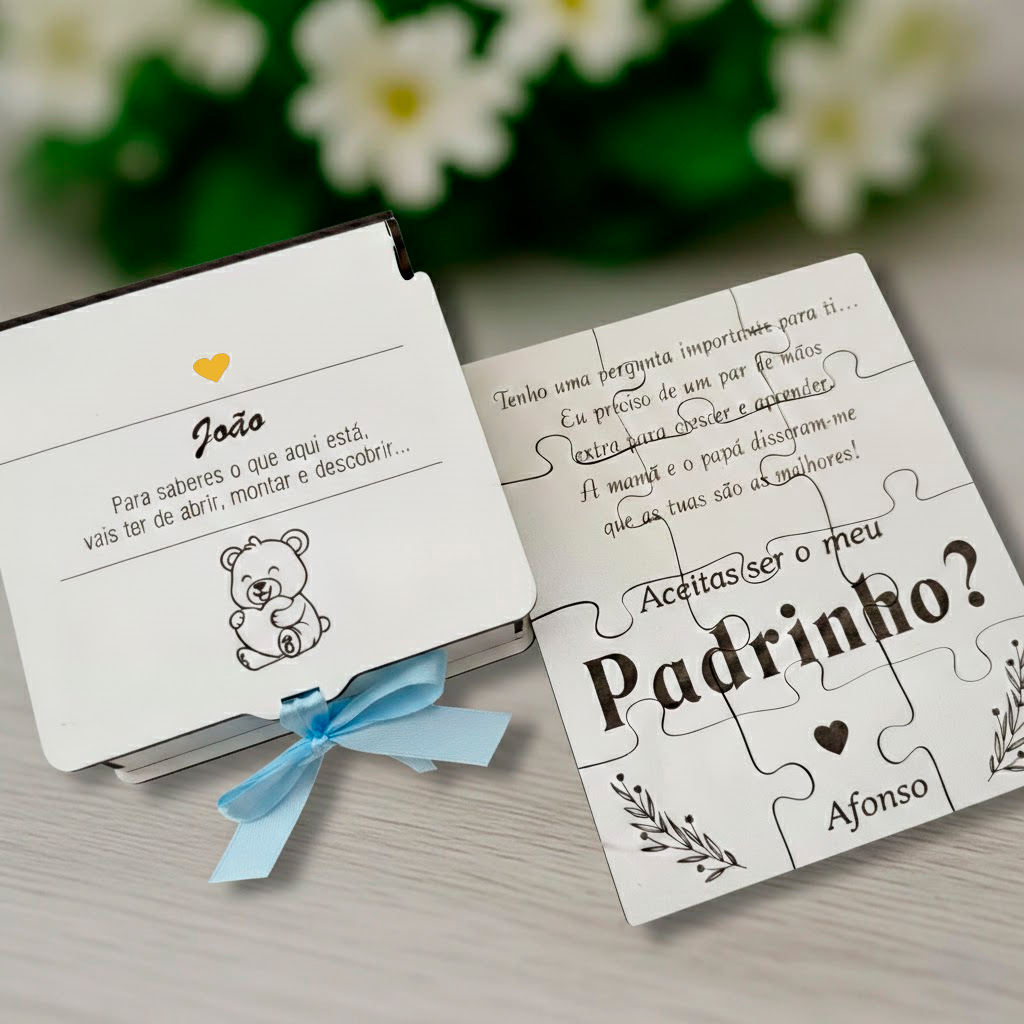 Convite Padrinhos Batismo Urso puzzle com caixa