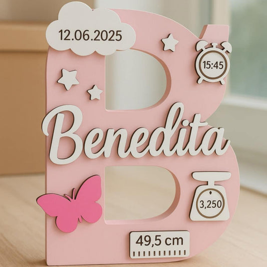 Letras decorativas para pousar com dados de nascimento