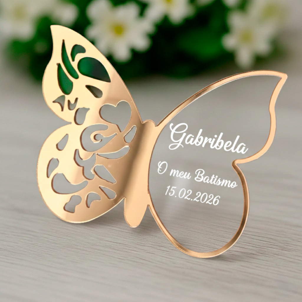 Lembrança de Batismo / Primeira Comunhão / Profissão de Fé / Crisma - Borboleta Acrílico Gold Espelhado modelo 4