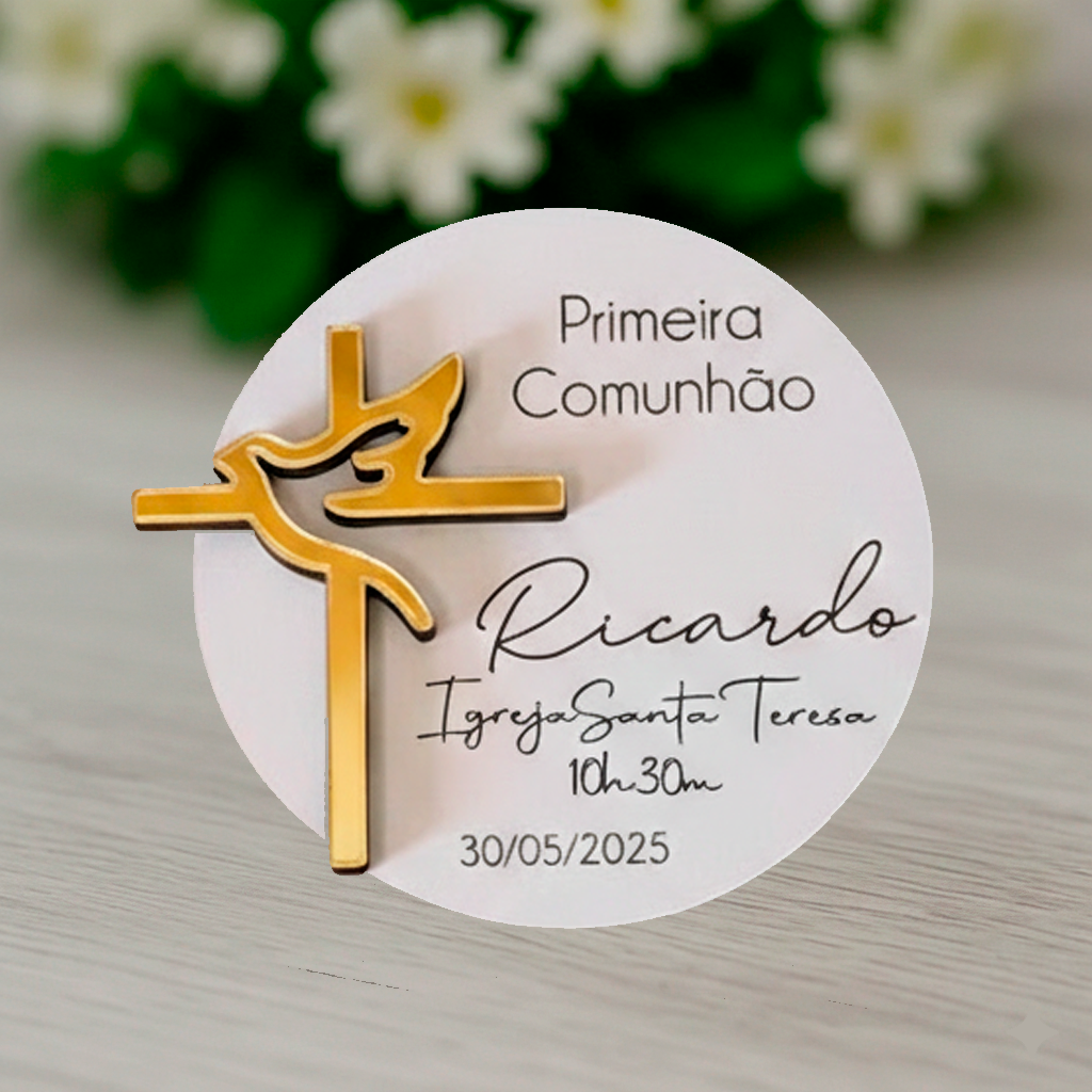 Convite Batismo / Primeira Comunhão / Profissão de Fé / Crisma -  Circular Pomba Acrílico