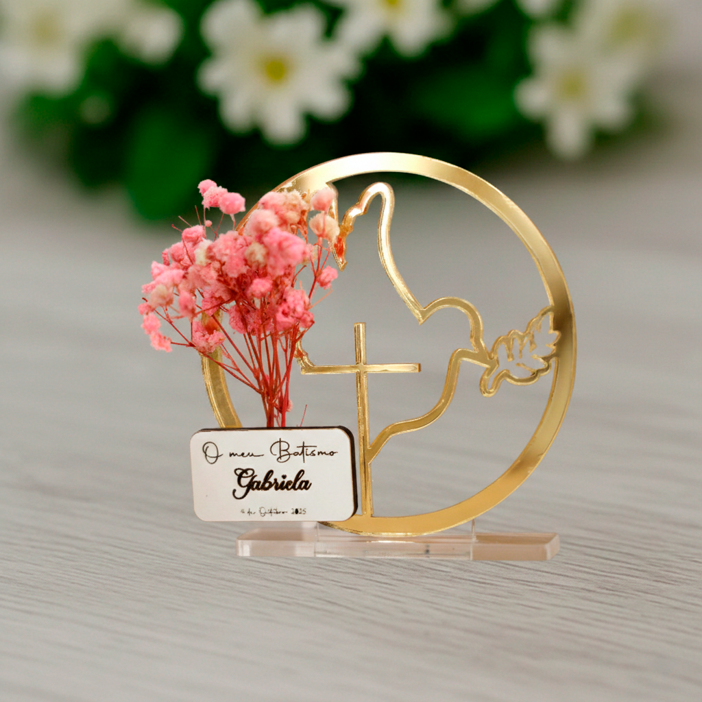 Lembrança de Batismo / Primeira Comunhão / Profissão de Fé / Crisma Circular com Pomba em acrílico e flores