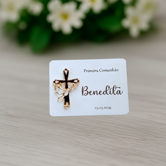 Lembrança de Batismo / Primeira Comunhão / Profissão de Fé / Crisma - Quadrada com detalhe acílico Cruz/Pomba