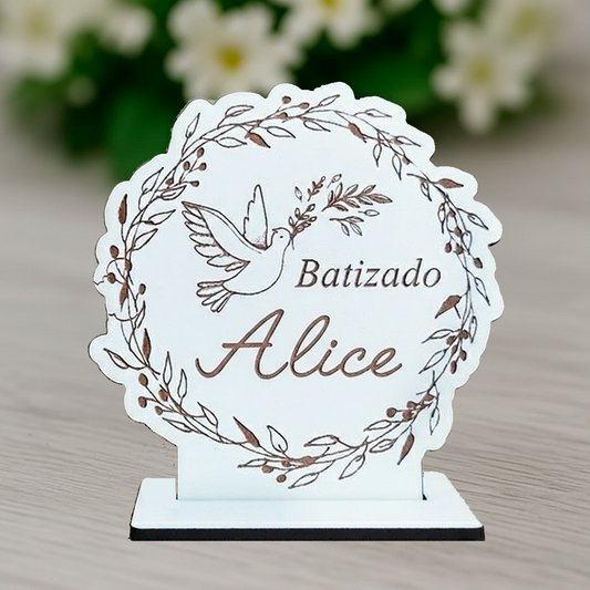 Placa de Batismo Circular com nome e pomba para pousar