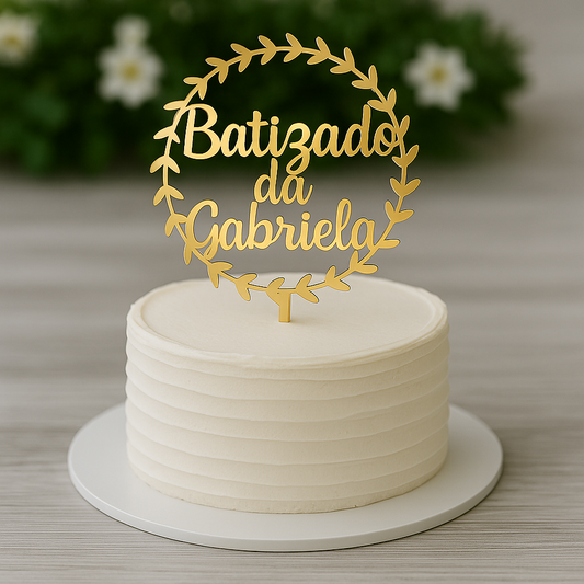 Topo de Batismo em Acrilico dourado espelhado com nome