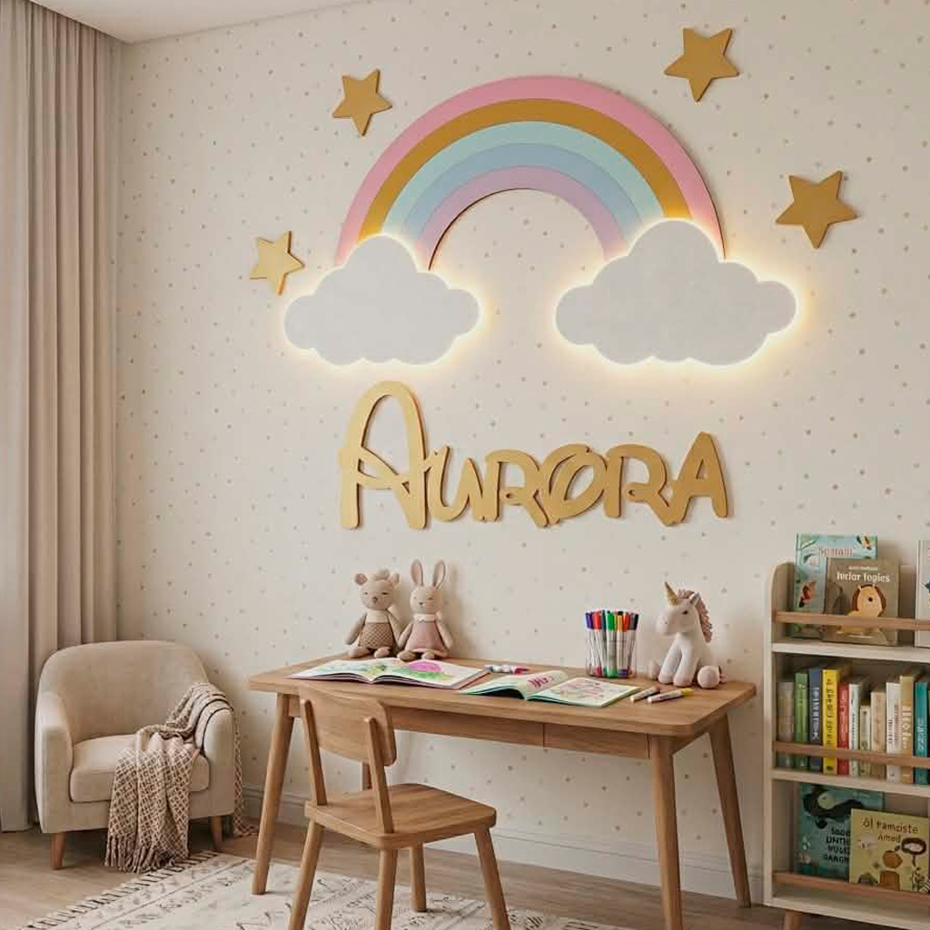 Conjunto Arco-íris com duas nuvens led, nome e estrelas
